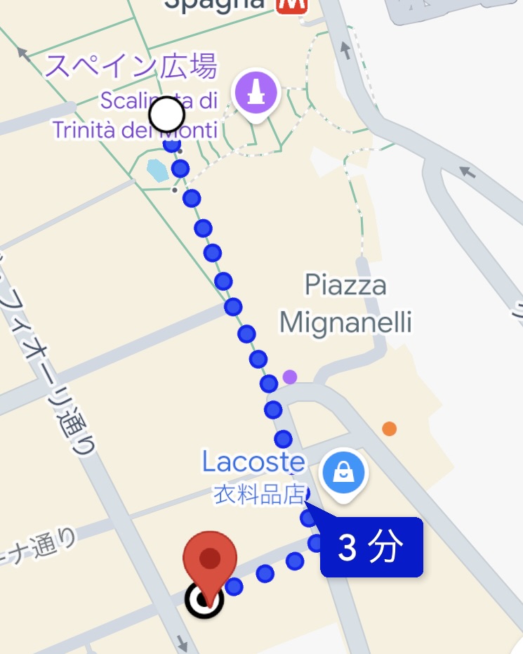 スペイン広場からLa Strega Nocciolaへの徒歩ルート図