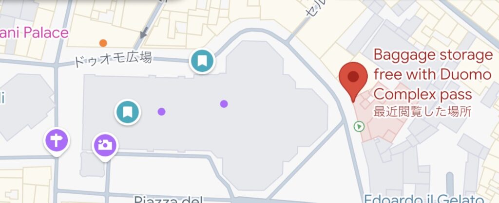 フィレンツェ・ドゥオモ広場周辺の地図。無料の荷物預かり所の場所を示すピンが立っている。