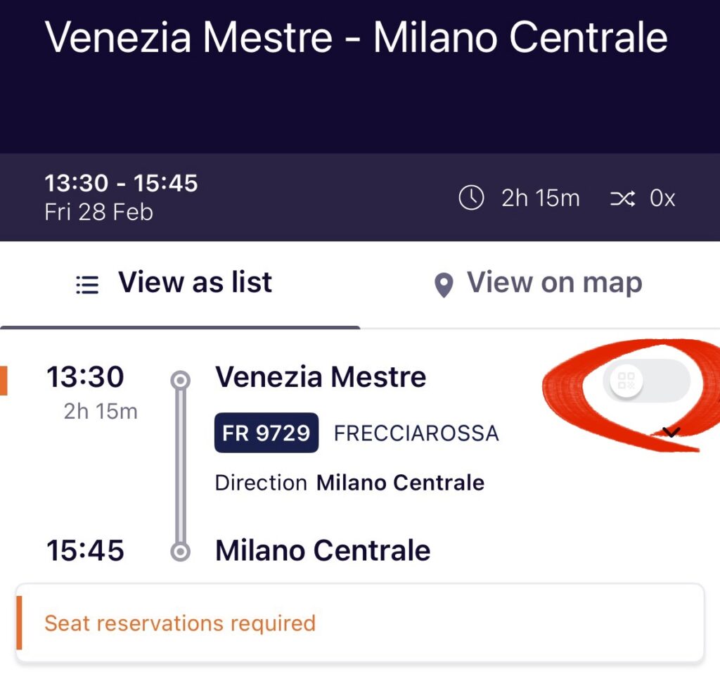 ユーレイルパスのアプリ画面。乗車する列車を選択し、右側のスイッチで有効化する操作手順